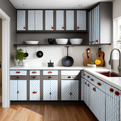 kitchen cabinets with contact paper over the doors