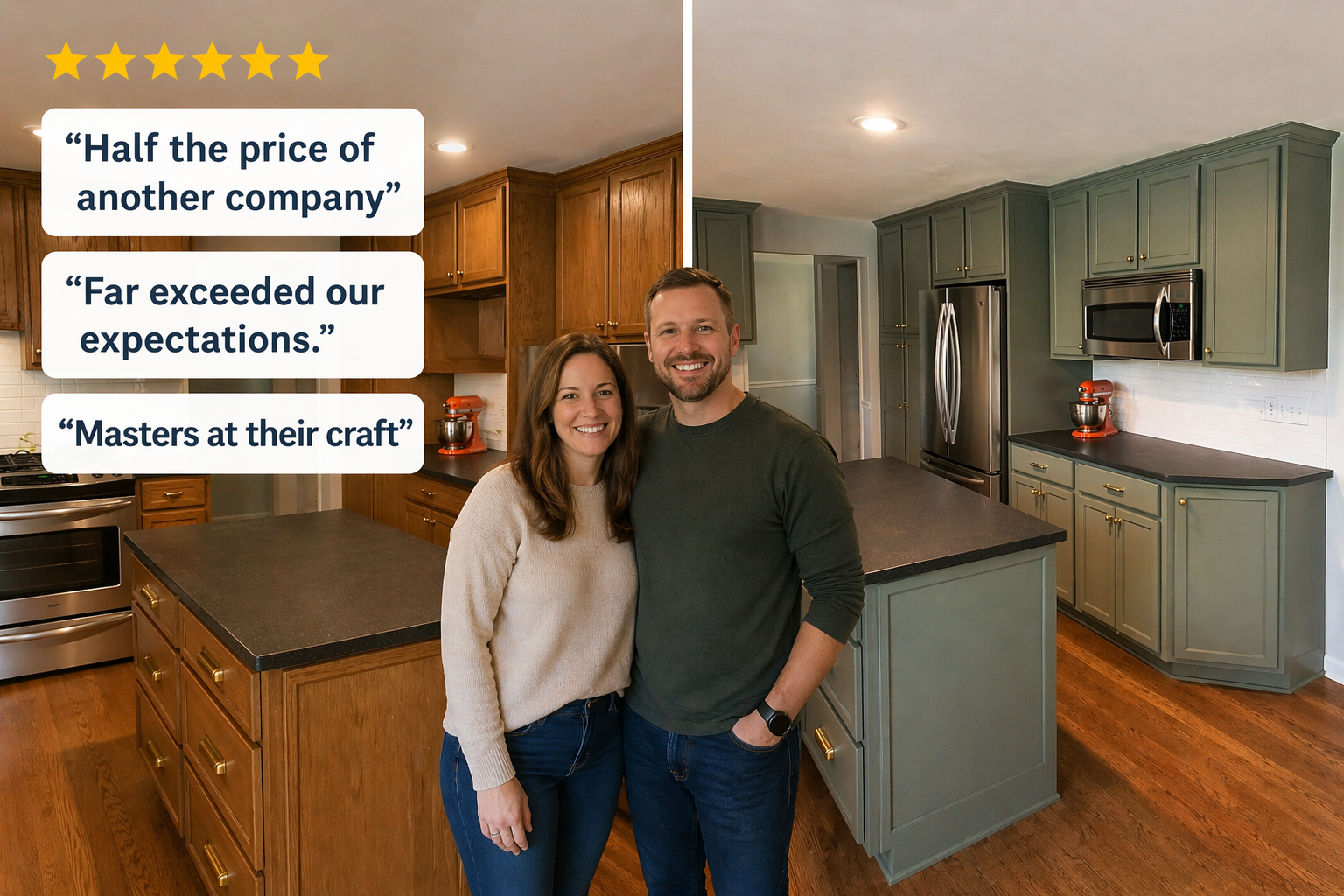 Smiling couple in a modern kitchen with three testimonial quotes: 'Half the price of another company', 'Far exceeded our expectations', 'Masters at their craft'.