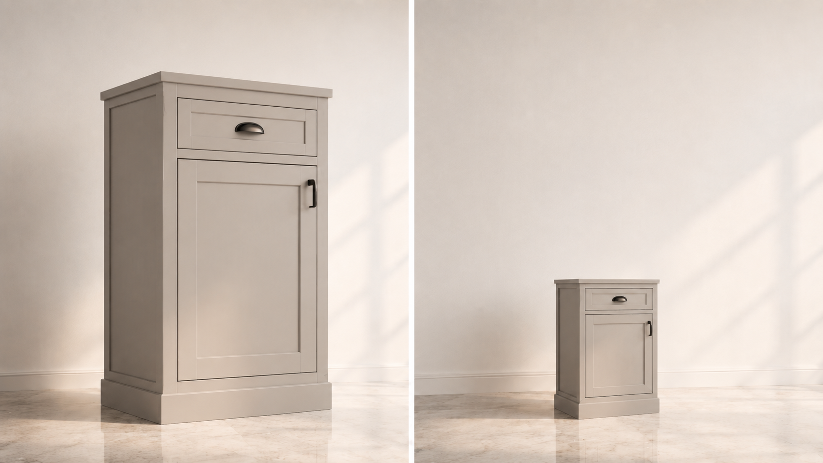 Two-angle view of a light gray cabinet with a top drawer and lower door on a marble floor in a pale room.