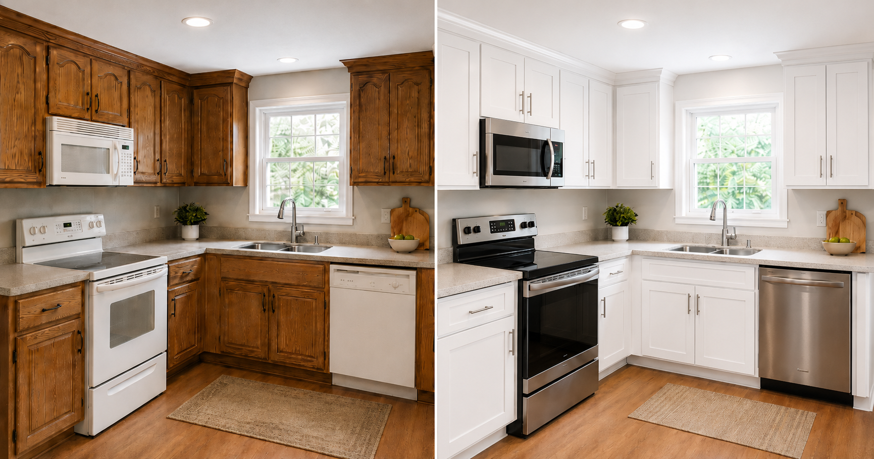 Split-view kitchen showing a remodel: left with dark wood cabinets and beige countertops, right with white cabinets and stainless-steel appliances.